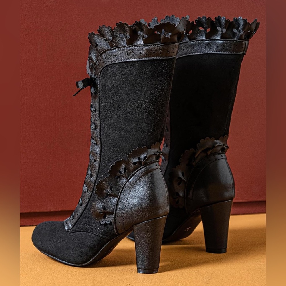 Victorian Boots Lace Up Renaissance Goth Vintage Ruffles  Mid Heels Granny - Picture 2 of 13